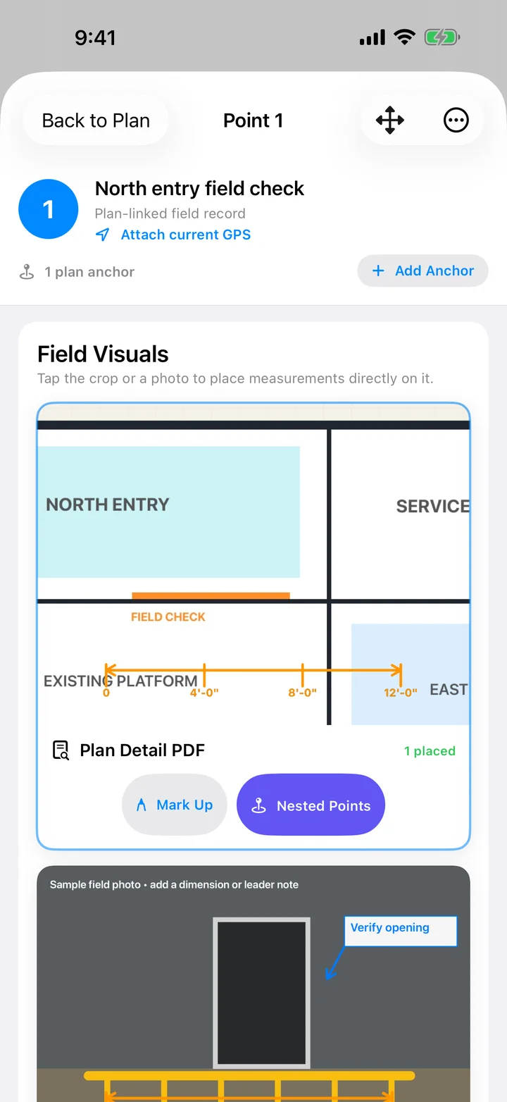 Plotava plan point with notes, photos, and measurement