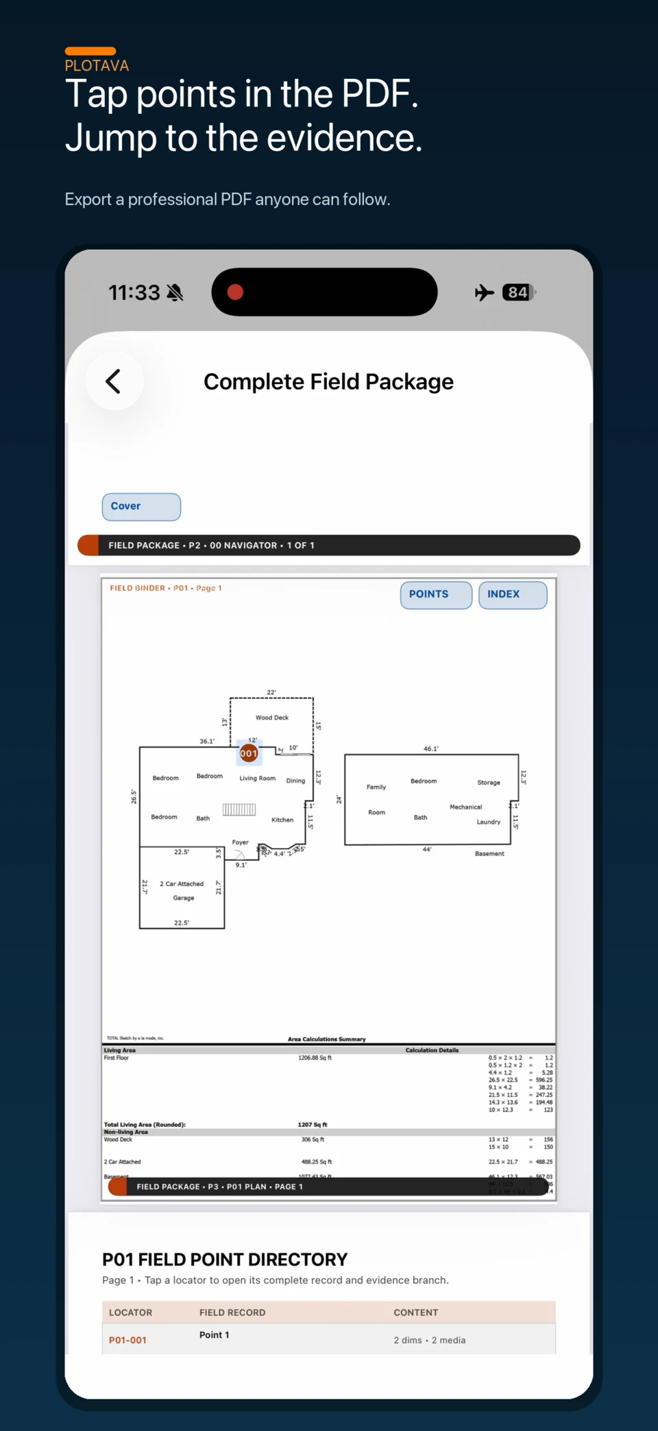 A linked Plotava PDF with plan points and a field point directory