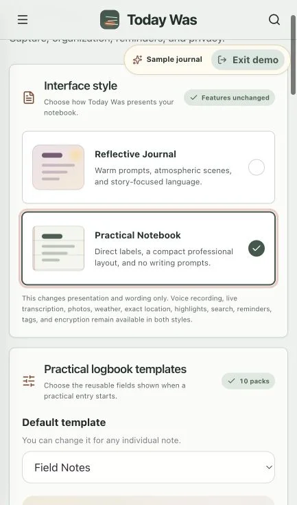 Today Was Practical Notebook settings with ten reusable logbook templates