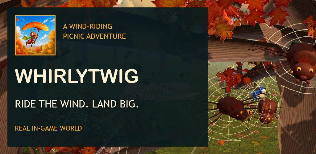 Whirlytwig wind-riding picnic adventure with Pip flying through an autumn game world