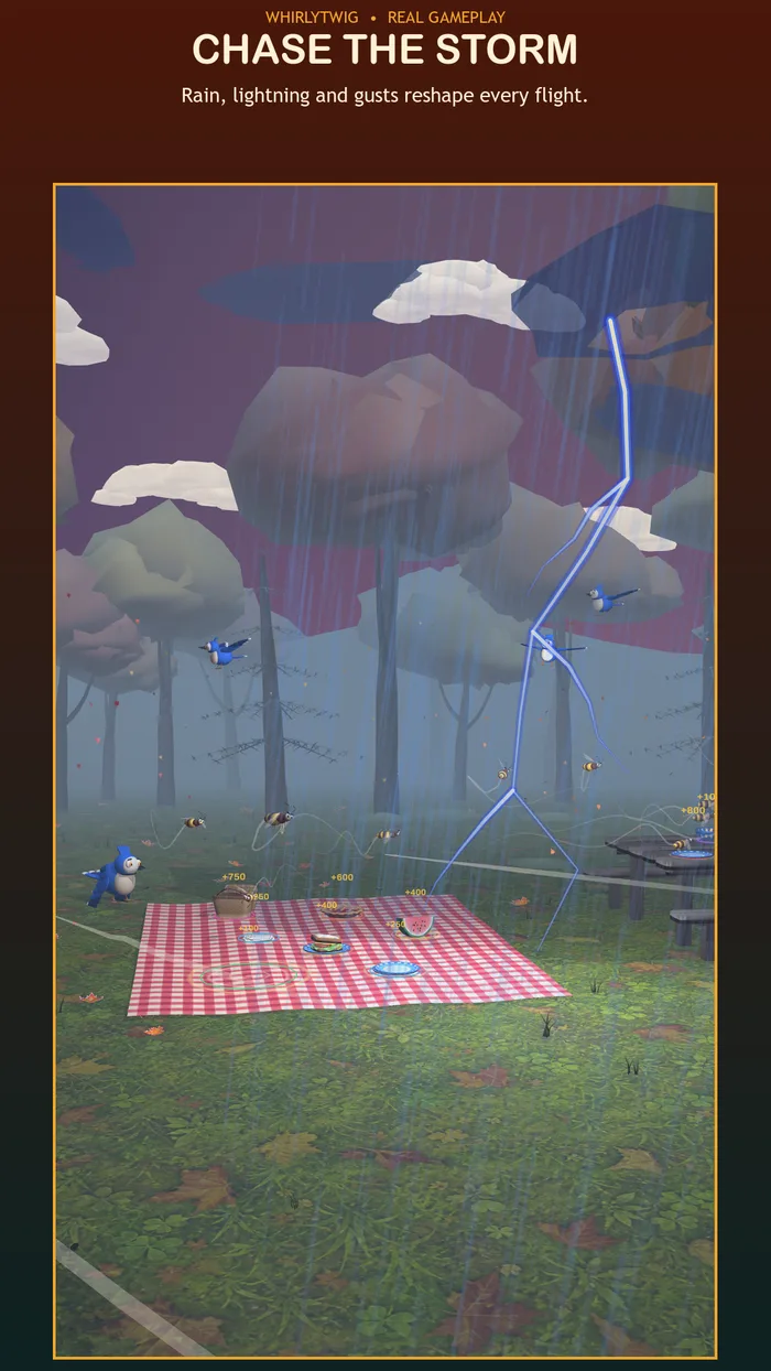 Whirlytwig Google Play preview showing Pip flying through a lightning storm