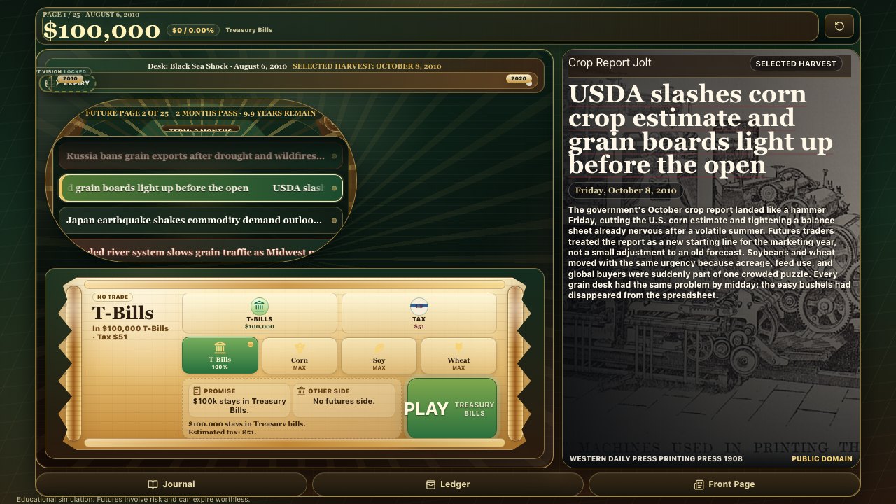 Harvest Ledger commodities game dashboard